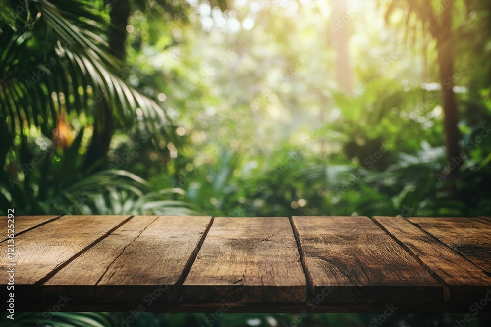 Tropical wood table, jungle backdrop, sunlight, product display Tropical wood table, jungle backdrop, sunlight, product display