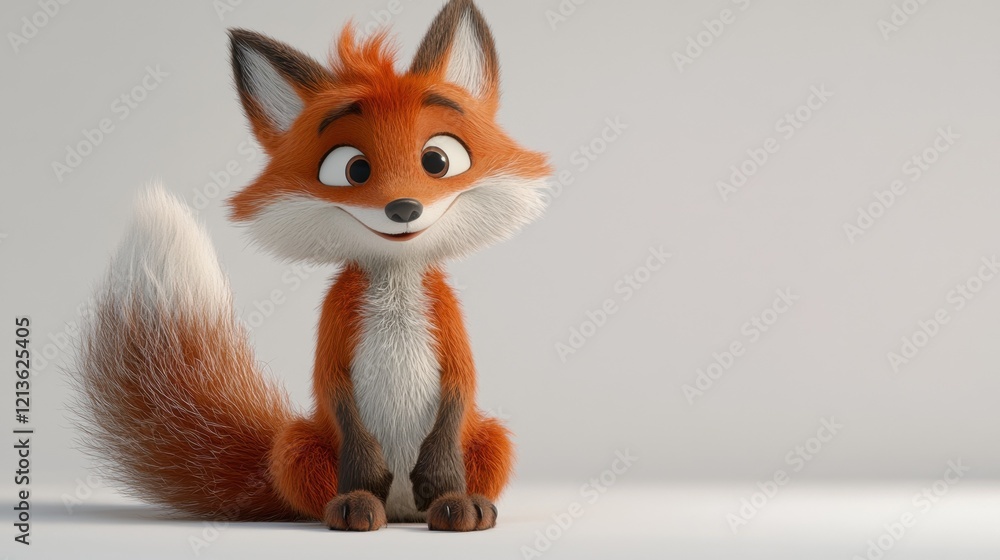 A playful cartoon fox with a bushy tail, sitting slyly with a mischievous grin, on a white background A playful cartoon fox with a bushy tail, sitting slyly with a mischievous grin, on a white background