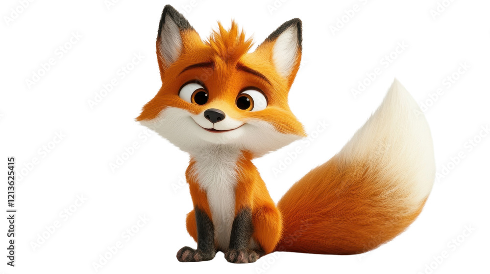 A playful cartoon fox with a bushy tail, sitting slyly with a mischievous grin, on a white background A playful cartoon fox with a bushy tail, sitting slyly with a mischievous grin, on a white background