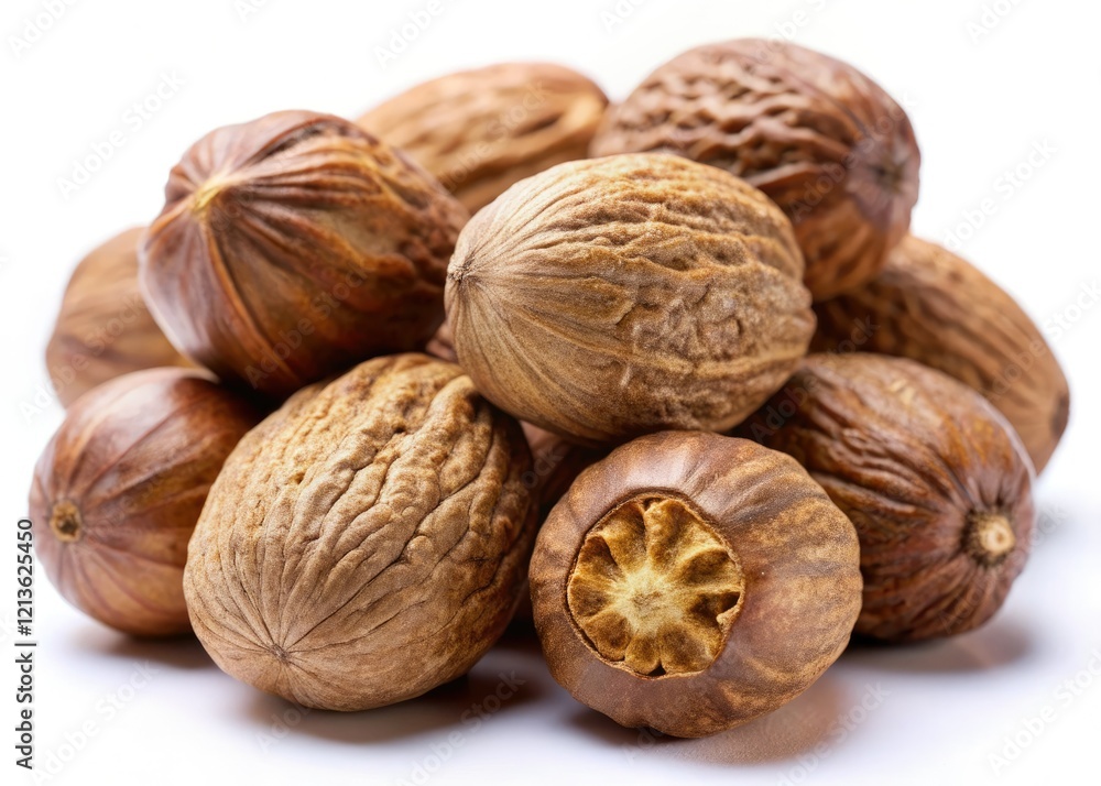 Aromatic nutmeg, isolated on white. High-resolution close-up showcasing this culinary spice's texture and detail. Aromatic nutmeg, isolated on white. High-resolution close-up showcasing this culinary spice's texture and detail.