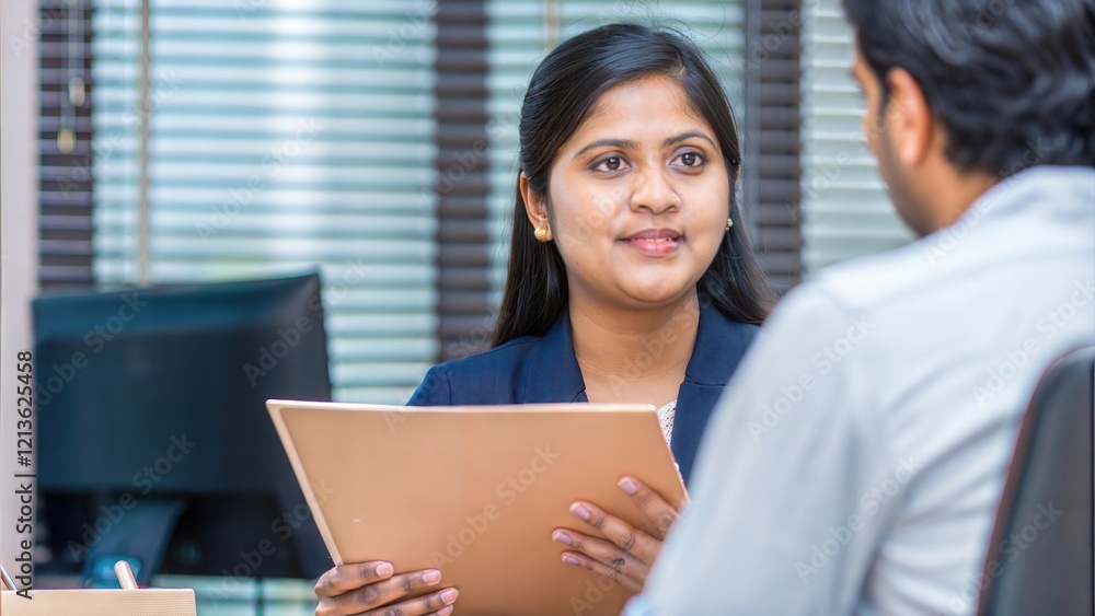 An Indian HR professional explaining job roles to a candidate with a professional folder in hand, set in an office environment.
An Indian HR professional explaining job roles to a candidate with a professional folder in hand, set in an office environment.