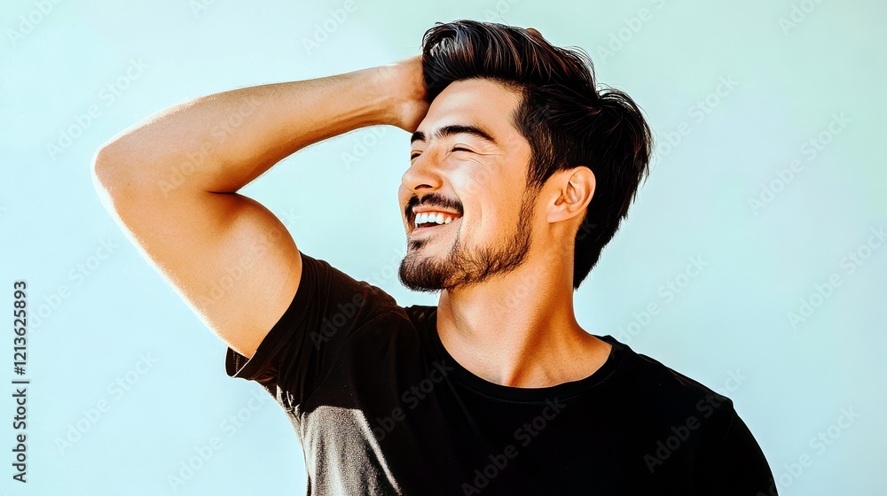 Happy Young Man Smiling Joyfully with Hand on Head Against Bright Sky Background Happy Young Man Smiling Joyfully with Hand on Head Against Bright Sky Background