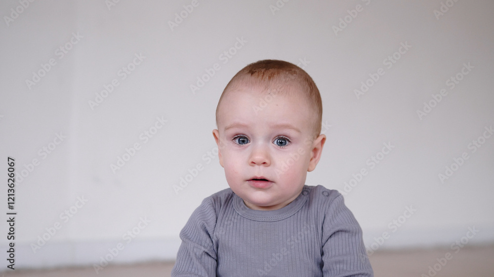 An Adorable Baby with Beautiful and Bright Blue Eyes on a Soft Neutral Background An Adorable Baby with Beautiful and Bright Blue Eyes on a Soft Neutral Background