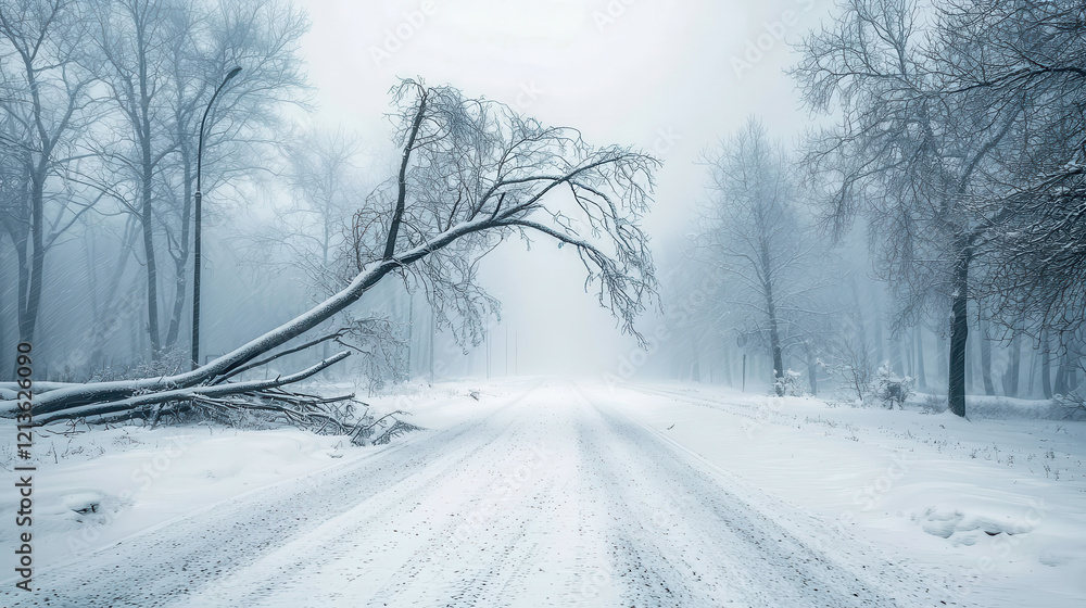 serene winter road covered in snow with fallen tree arching over, surrounded by misty forest serene winter road covered in snow with fallen tree arching over, surrounded by misty forest