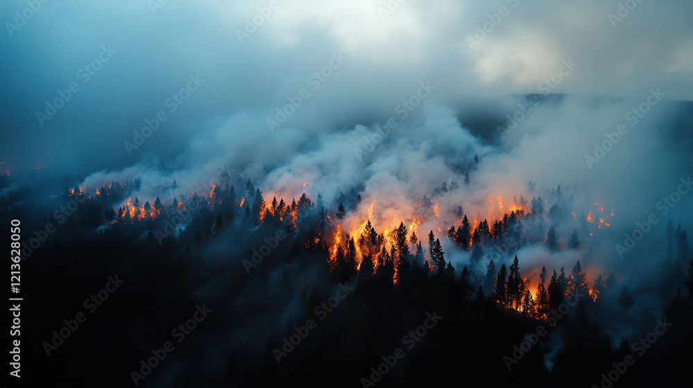 Obraz premium raging wildfire engulfs dense forest, with flames and smoke creating dramatic and intense scene under cloudy sky