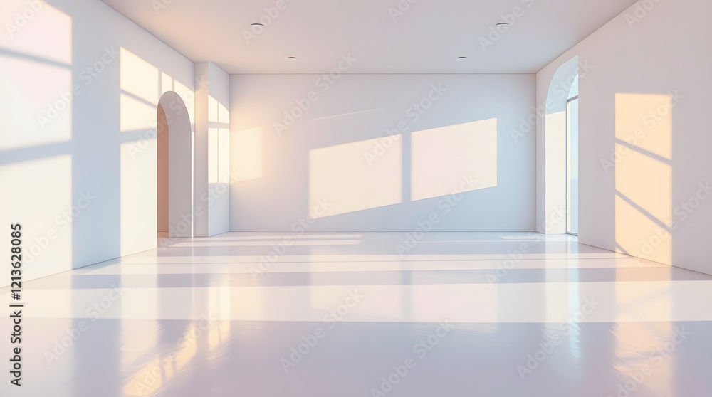 Fototapeta premium Serene White Room: Sunlight, Minimalist Architecture, and Tranquil Mood