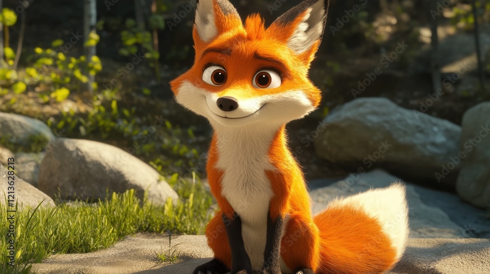 Fototapeta premium A cartoon fox with a bushy tail, sitting slyly with a mischievous grin and bright orange fur.