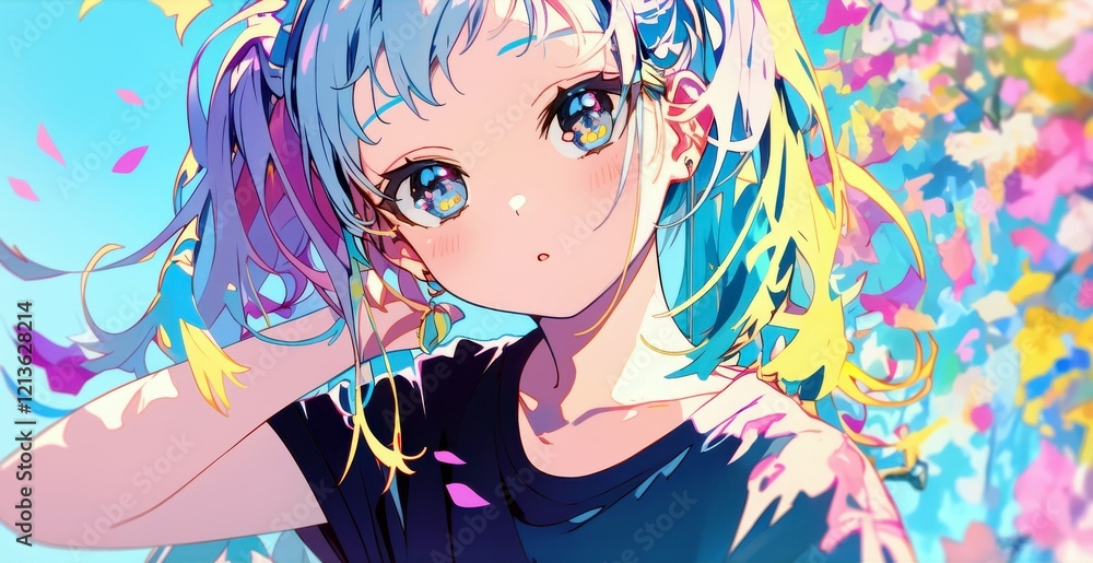 Young anime girl with blue hair and vibrant eyes, surrounded by colorful petals and a bright blue sky in an enchanting outdoor setting Young anime girl with blue hair and vibrant eyes, surrounded by colorful petals and a bright blue sky in an enchanting outdoor setting