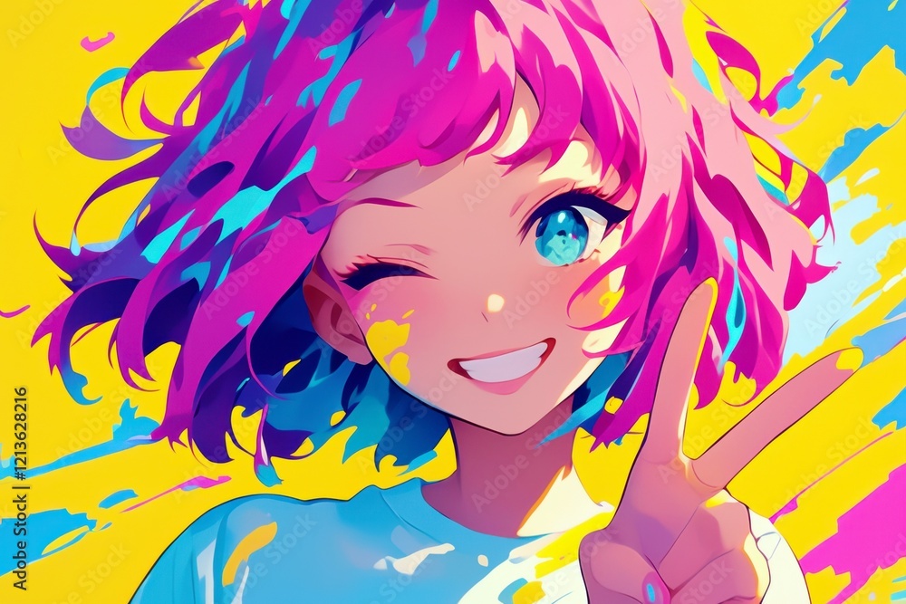 Naklejka premium Vibrant Animated Portrait of a Girl with Colorful Hair and Playful Expression against a Bright Yellow Background