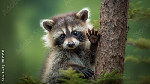 Wallpaper Mural A charming baby raccoon climbs a tree and waves with his small adorable paw Torontodigital.ca