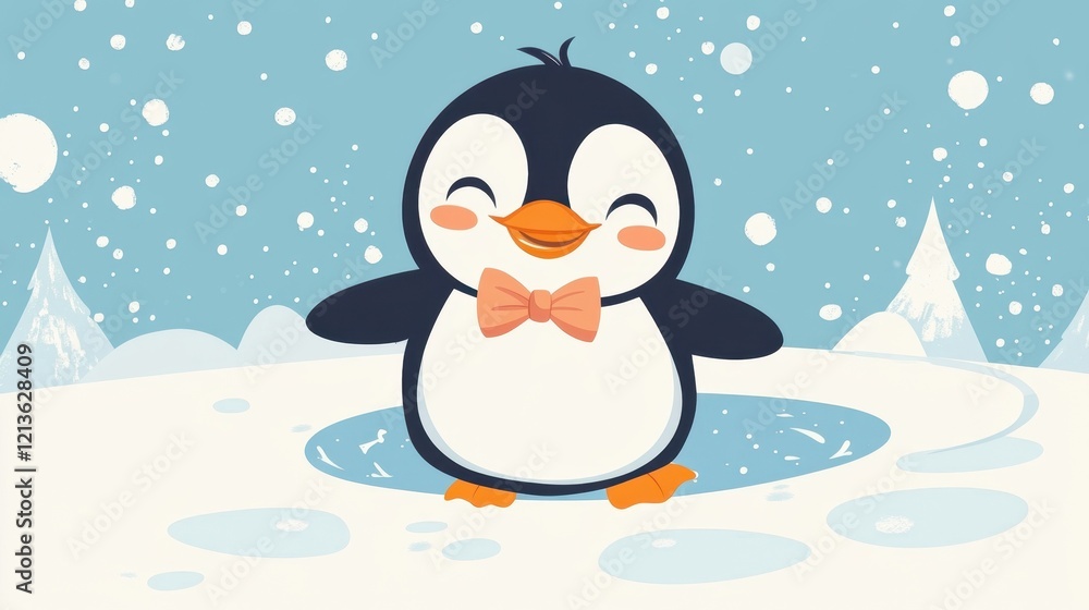A cartoon penguin wearing a tiny bow tie, sliding on ice with an excited and adorable expression. A cartoon penguin wearing a tiny bow tie, sliding on ice with an excited and adorable expression.