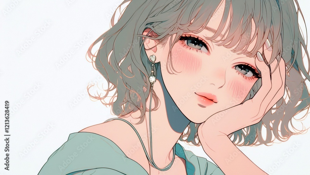 Beautiful young girl with curly hair, soft makeup, and lovely expression, wearing elegant accessories in a dreamy pastel illustration style Beautiful young girl with curly hair, soft makeup, and lovely expression, wearing elegant accessories in a dreamy pastel illustration style