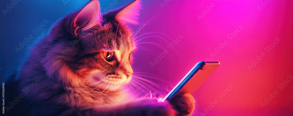 A curious cat interacts with a smartphone under colorful lights. A curious cat interacts with a smartphone under colorful lights.