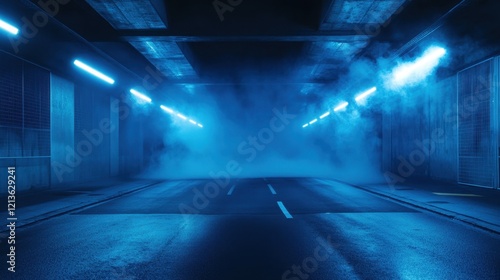 A dark, empty street with abstract blue asphalt serves as a backdrop for a studio room with neon lights, spotlights, and smoke, creating an interior texture for product displays