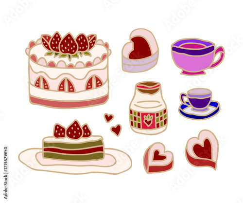 Vintage romantic hand drawn strawberry cake, love, sweet jam, tea cups, coffee line art illustration elements