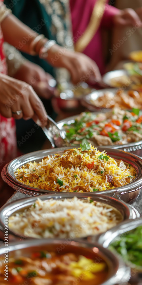 Obraz premium Indian Cuisine Buffet with Diverse Dishes and Aromatic Biryani