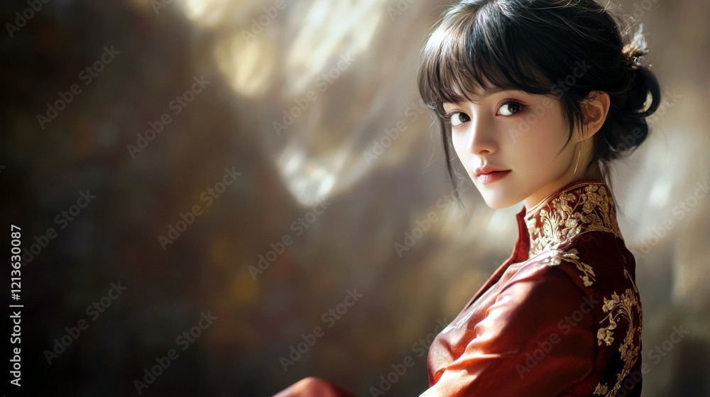 Fototapeta premium Elegant young woman dressed in traditional attire gazing thoughtfully with serene expression illuminated by soft golden light in a dreamy atmosphere
