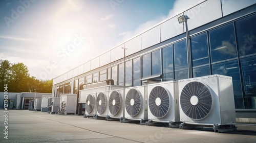 Industrial rooftop hvac units commercial building exterior air conditioning equipment urban environment wide angle view efficiency concept photo