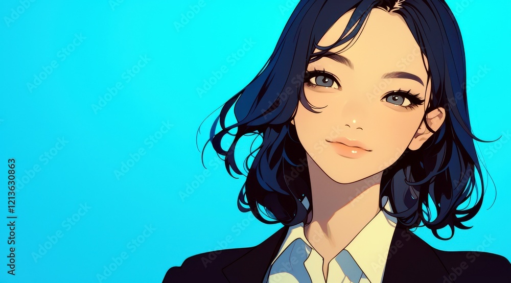 Stylish Young Woman with Short Dark Hair, Wearing a Suit Against a Bright Blue Background, Representing Confidence and Professionalism in Modern Workplace Stylish Young Woman with Short Dark Hair, Wearing a Suit Against a Bright Blue Background, Representing Confidence and Professionalism in Modern Workplace