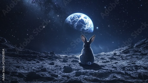 A majestic rabbit sitting at the edge of the moon, looking down at Earth, with a starry backdrop and a sense of wonder. photo