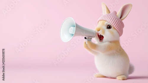 A charming bunny wearing a pastel pink beanie, holding a megaphone, and standing against a soft pink background. The playful pose conveys a whimsical announcement theme