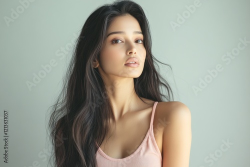 Woman, portrait, studio, beauty, confident, gaze, hair, pale, background, advertising