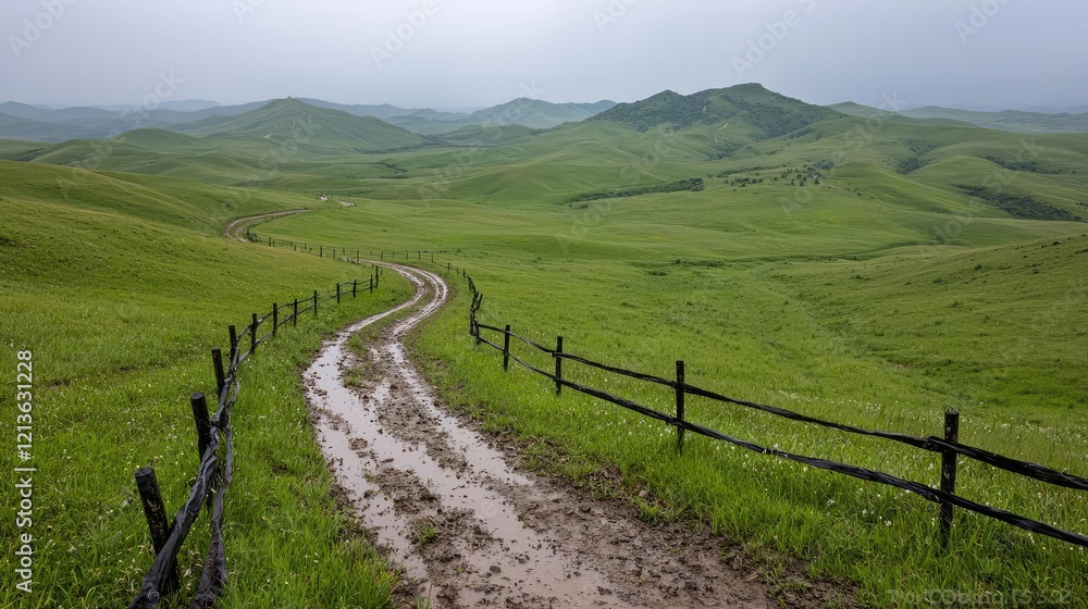 Winding muddy road through green hills, overcast sky. Use Travel brochure Winding muddy road through green hills, overcast sky. Use Travel brochure