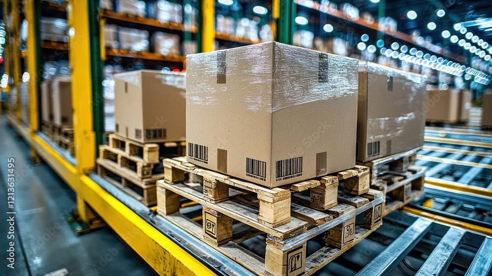 Naklejka premium Cardboard boxes on pallets moving in warehouse.