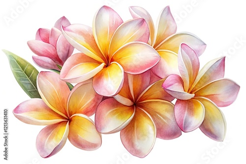 Fototapeta Naklejka Na Ścianę i Meble -  Delicate watercolor plumerias in soft pink and yellow bloom on a white background, a tropical botanical art piece.