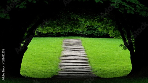 Serene Stone Steps: A pathway of weathered stone steps leads through a vibrant green lawn, framed by the dramatic shadows of overarching trees, inviting exploration and contemplation.  photo