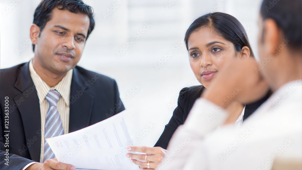 Indian HR executives discussing recruitment strategies with resumes and charts on a table.
Indian HR executives discussing recruitment strategies with resumes and charts on a table.