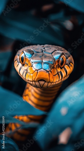 Close-up of a Vibrant Eastern Indigo Snake with Striking Colors Camouflaged Amidst Lush Green Foliage in a Natural Habitat photo