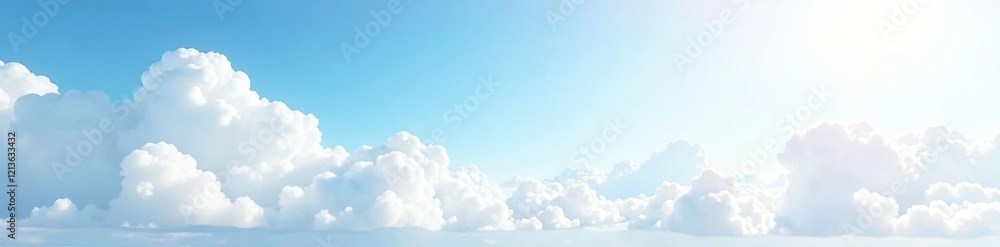 Bright blue sky with fluffy clouds illuminated by sunlight in a serene landscape. Bright blue sky with fluffy clouds illuminated by sunlight in a serene landscape.