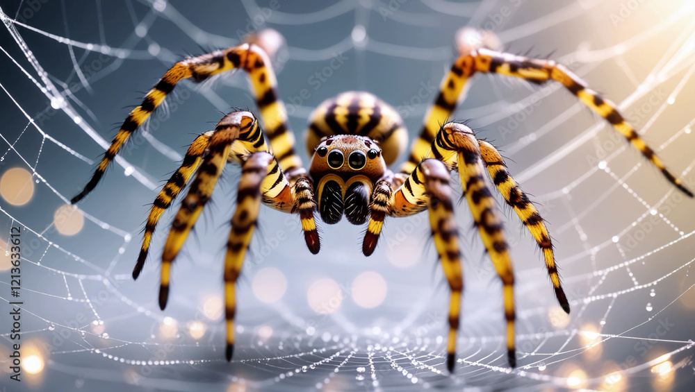 Araneus large spider. Araneus, a huge spider, perched on a web. spider. A garden spider on a web in a macro shot against a grey, organic backdrop. Close-up, isolated on light, text location Araneus large spider. Araneus, a huge spider, perched on a web. spider. A garden spider on a web in a macro shot against a grey, organic backdrop. Close-up, isolated on light, text location