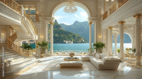 Luxurious lakefront mansion interior; grand hall with scenic view; opulent design photo