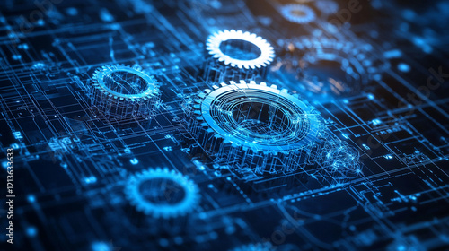 Abstract 3D gears meshing on digital circuit board.