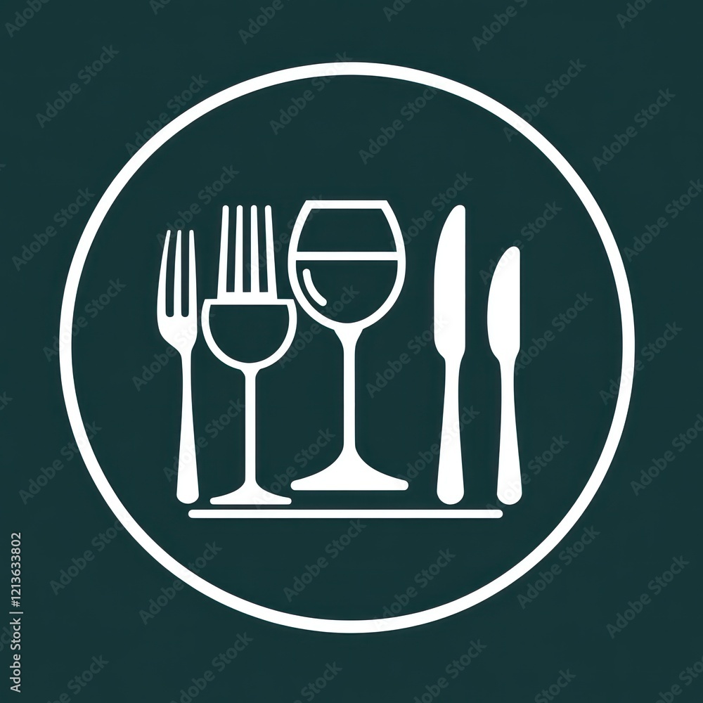 Fototapeta premium Restaurant cutlery and wine glass icon, restaurant menu design, vector graphic