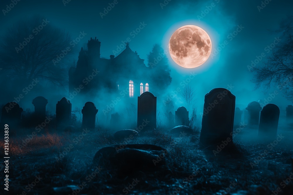 Haunted mansion, full moon, graveyard fog. Haunted mansion, full moon, graveyard fog.