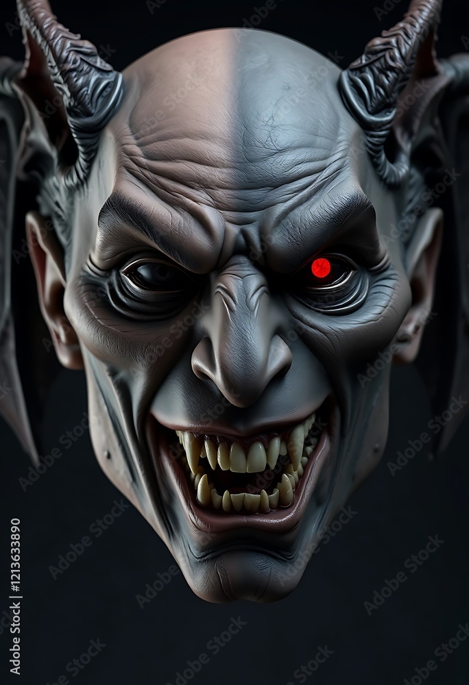 Naklejka premium Demonic Head Sculpt: Dark Fantasy Art with Glowing Red Eye