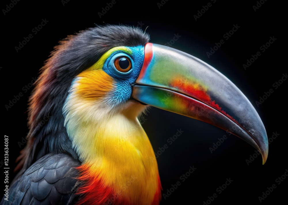 Obraz premium Close-up Channel-billed Toucan Portrait, Ramphastos vitellinus, Black Background Bird Photography