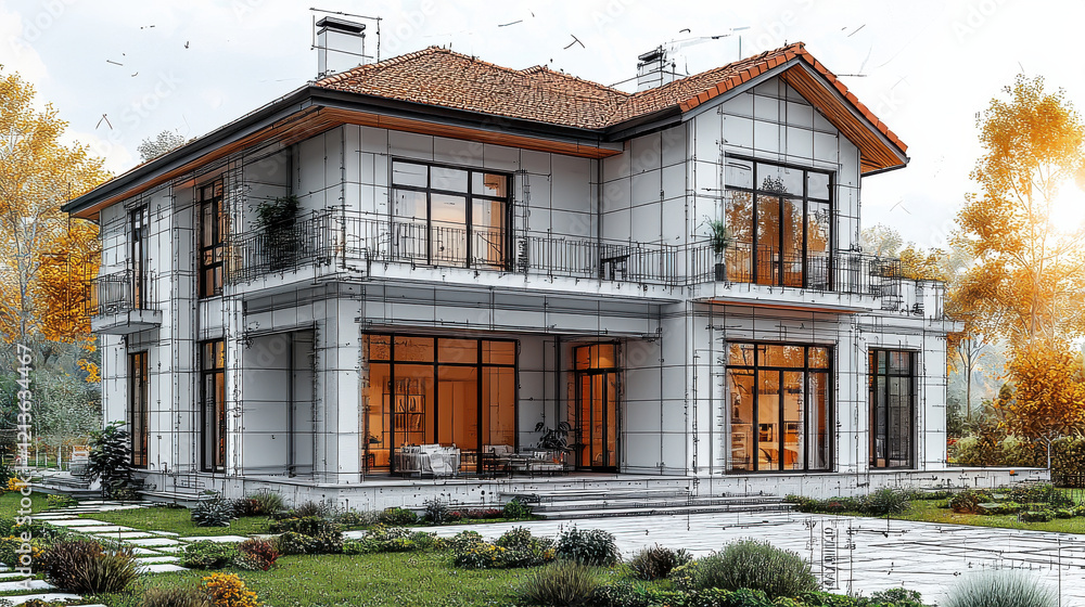 Fototapeta premium modern house plan with soft colors, featuring large windows, spacious garden, and stylish roof. design showcases contemporary architecture and outdoor landscaping