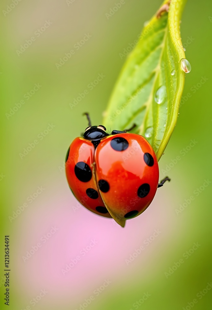Fototapeta premium Ladybug Couple on Dew-Kissed Leaf: A Vibrant Macro Shot