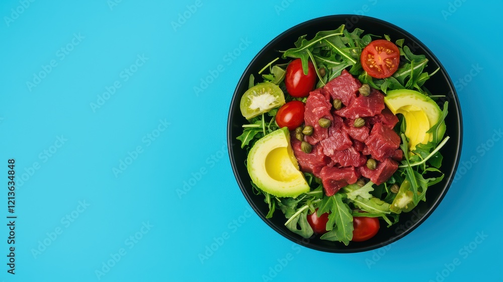 Fresh beef tartare with avocado and cherry tomatoes top view food Fresh beef tartare with avocado and cherry tomatoes top view food