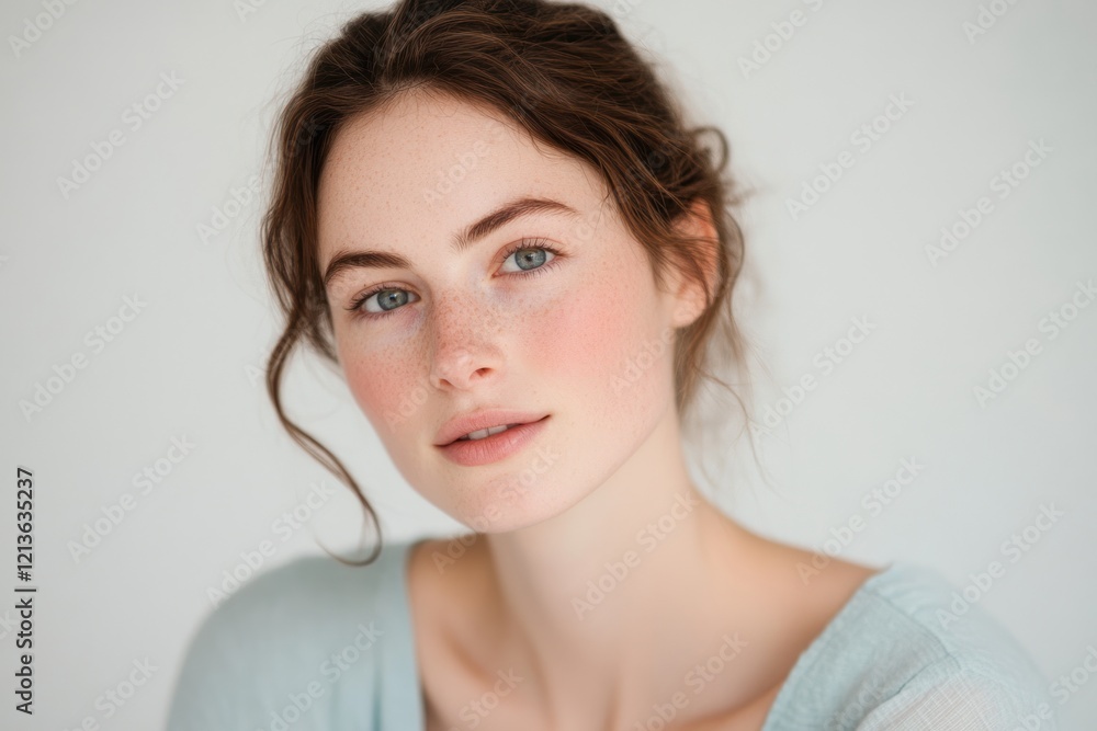 Fototapeta premium Woman, portrait, studio, serene, light background, beauty