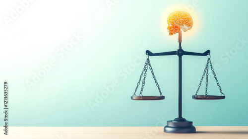 A balance scale topped with a glowing brain symbolizes the intersection of law and intelligence. photo