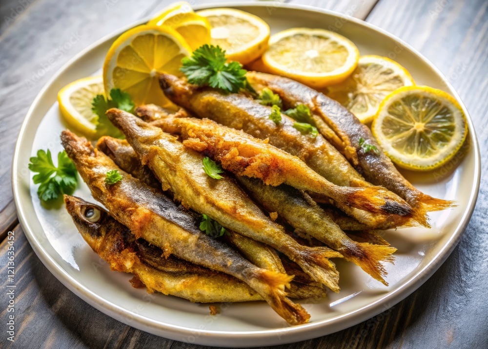 Crispy Capelin Deep Fried Fish Snack with Lemon - Beer Pairing Food Photography Crispy Capelin Deep Fried Fish Snack with Lemon - Beer Pairing Food Photography