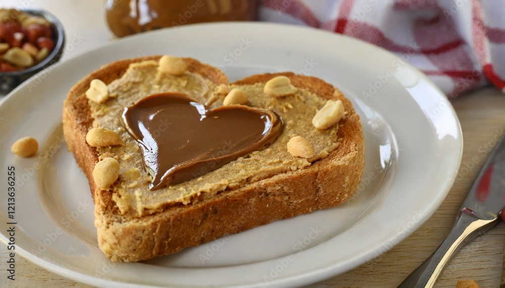 Heart-shaped piece of toast bread with a sweet spread peanut butter Heart-shaped piece of toast bread with a sweet spread peanut butter