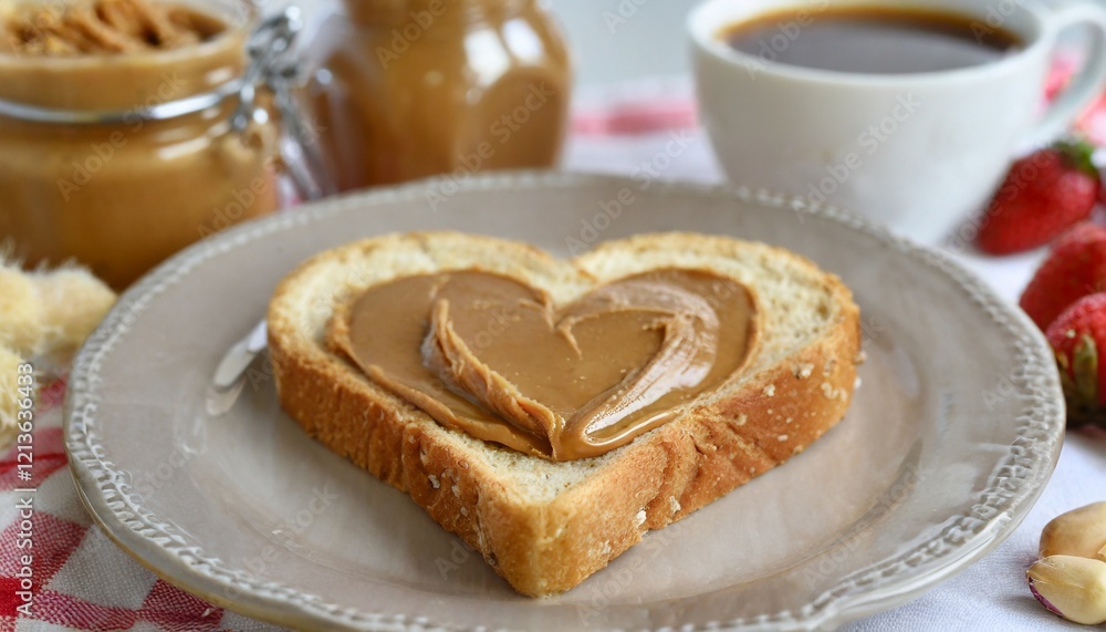 Heart-shaped piece of toast bread with a sweet spread peanut butter Heart-shaped piece of toast bread with a sweet spread peanut butter