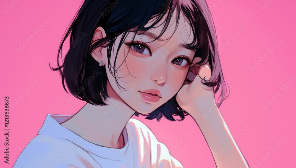 Portrait of a young woman with short dark hair against a vibrant pink background, showcasing an expressive face and soft, natural makeup Portrait of a young woman with short dark hair against a vibrant pink background, showcasing an expressive face and soft, natural makeup