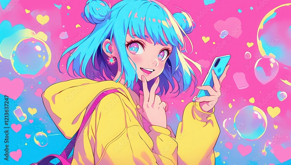 Bright and Playful Anime Girl with Colorful Hair Holding Smartphone Against a Vibrant Pink and Blue Background with Bubbles and Hearts in a Joyful Scene Bright and Playful Anime Girl with Colorful Hair Holding Smartphone Against a Vibrant Pink and Blue Background with Bubbles and Hearts in a Joyful Scene